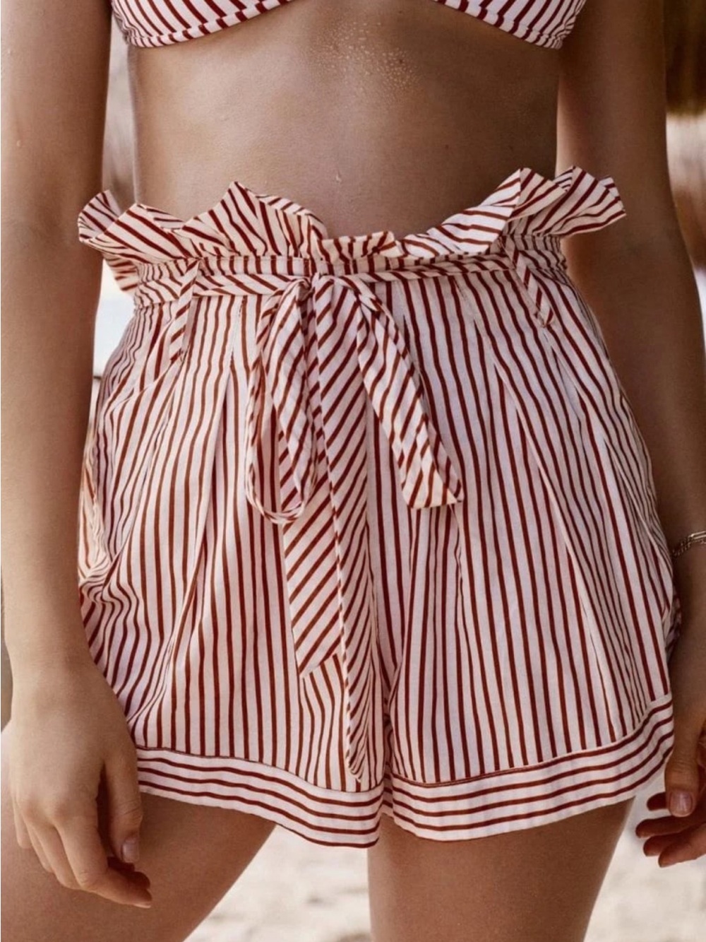 For Love & Lemons Red & White Striped Paperbag Waist Shorts